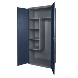 Offener, dunkelblauer Küpper Spind mit Ablagefächern für Werkzeug, Motorrad- oder E-Bike-Zubehör.