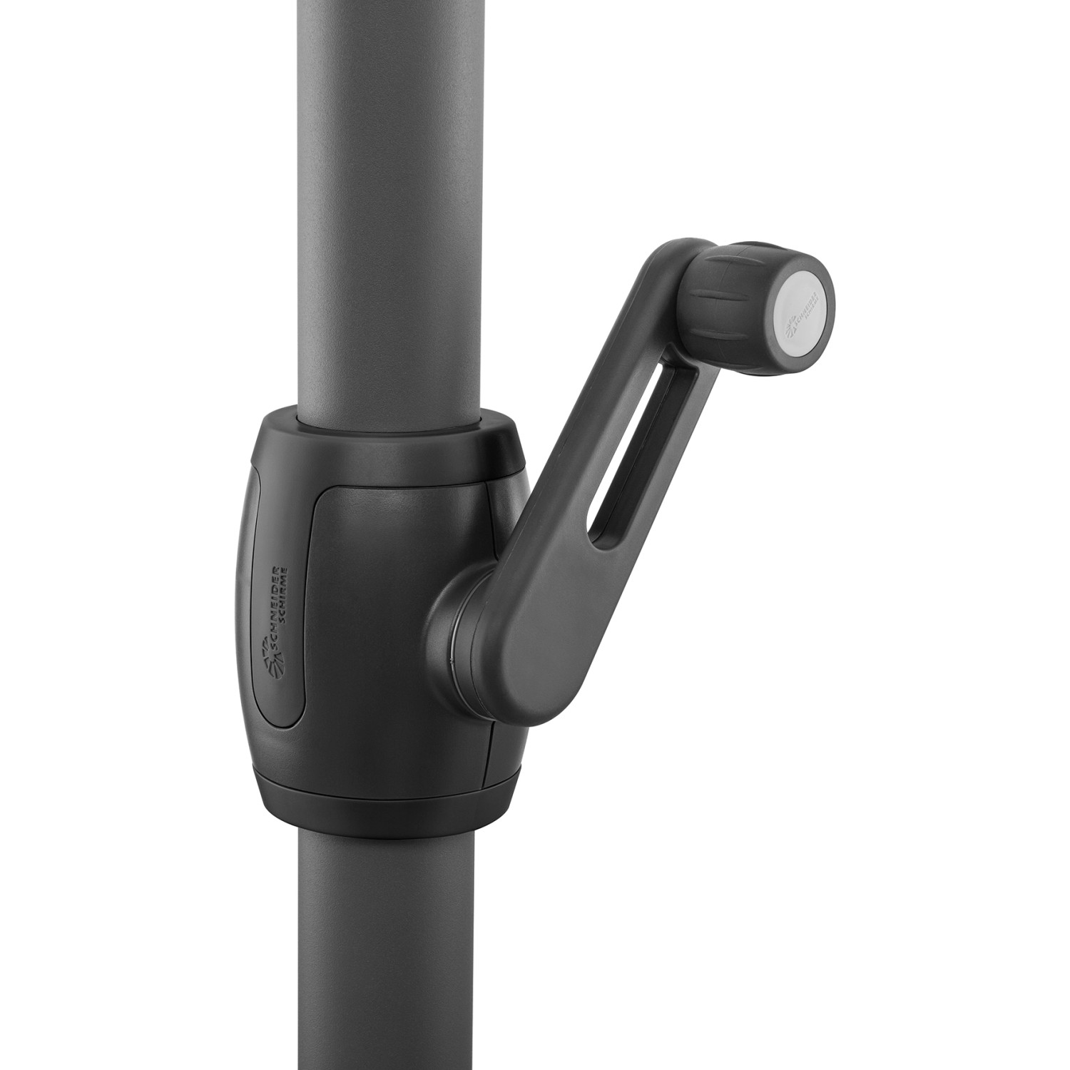 Detailaufnahme: Kurbelmechanismus des silbergrauen Schneider Marktschirms (Ø 300 cm) mit Knickfunktion.