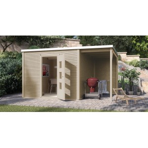 Weka Holz-Gartenhaus wekaLine 413 A, naturbelassen mit Anbau und geöffneter Tür.