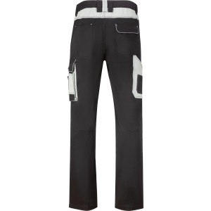 Schwarze Arbeits-Hose, Rückansicht, mit hellgrauen Kontrasteinsätzen, vielen Taschen und verstärkten Knietaschen.