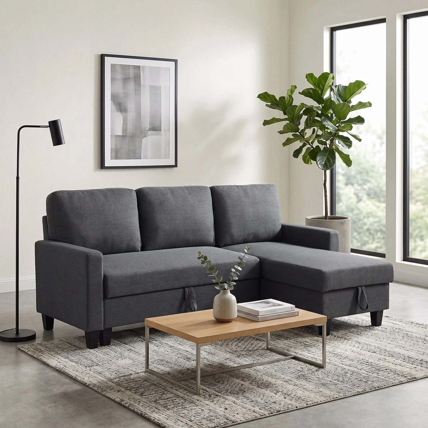 Dunkelgraues Ecksofa mit Schlaffunktion und Stauraum-Chaiselongue im modernen Wohnzimmer. Vielseitiges Schlafsofa.