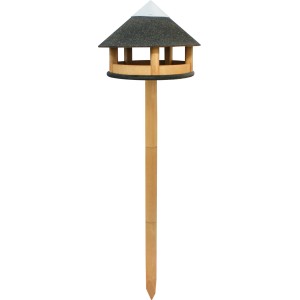 Braunes Vogelhaus mit Pfahl zum Aufstellen im Garten, Dach aus Zink und Bitumen.