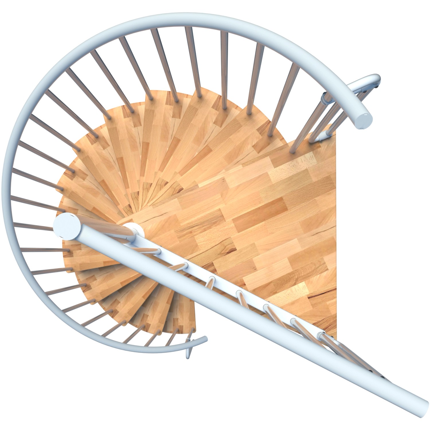 Minka Spindeltreppe Berlin Buche, weiße Metallteile, von oben.