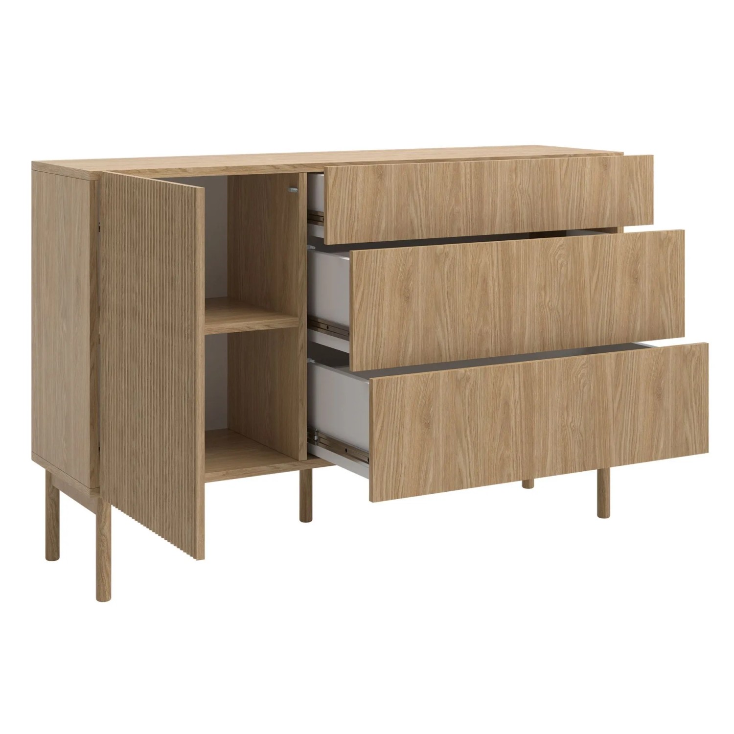 Selsey Sideboard Nolie aus geölter Eiche mit offener Tür, zwei Fächern und drei geöffneten Schubladen auf Holzbeinen.