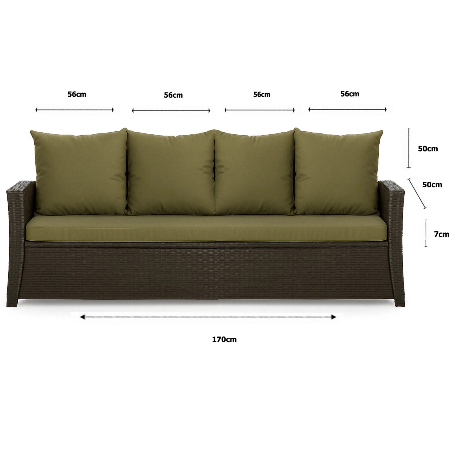 Grünes Gartenkissen-Set für 3-Sitzer Polyrattan-Gartensofa, 170x50x50 cm, für bequeme Gartenmöbel.