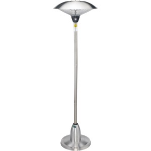 Elektrischer Terrassenstrahler 2,1 kW aus Edelstahl mit rundem Schirm und Standfuß.