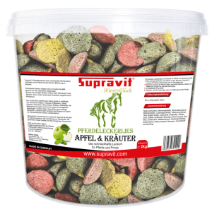 Supravit Pferde Leckerlies Apfel & Kräuter im Eimer. Bunte, runde Pferdesnacks in Grün, Rot, Gelb für Pferde.
