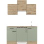 Flex-Well Singleküche Cara, 150 cm, Schilfgrün/Artisan Eiche: Miniküche mit Kühlschrank und Kochfeld.