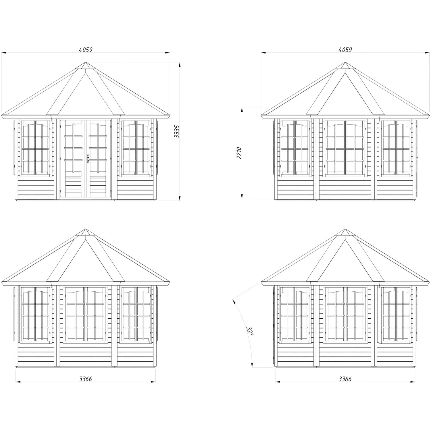 Technische Zeichnung Palmako Holz-Pavillon Veronica 7, naturbelassen, mit Maßangaben.