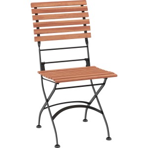 Klappbarer Balkonstuhl aus geöltem Akazienholz mit schwarzem Metallgestell.