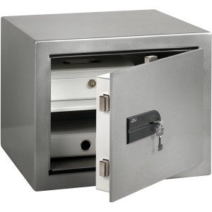 Burg-Wächter Möbeleinsatztresor MT 640 K, Tresor mit geöffneter Tür, Fachboden und Schlüssel.