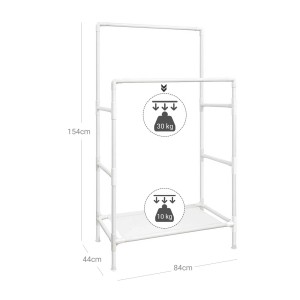 Weißer Songmics Kleiderständer aus Metall mit 2 Stangen, ideal für Schlafzimmer und Ankleidezimmer.