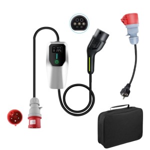 Junsun 11kW Typ 2 EV-Ladegerät mit 6m Kabel, CEE-Stecker, LCD-Display, Netzadapter und Tasche.