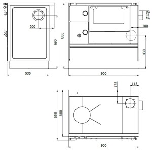 Technische Zeichnung Westminster Küchenherd K76-90, Stahl, Backfach rechts, Weiß, 7,3 kW mit Maßangaben.