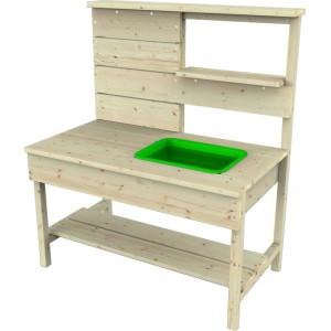Rebo Matschküche Otter aus Holz mit grünem Spülbecken und Ablageflächen für Gartenspiele.