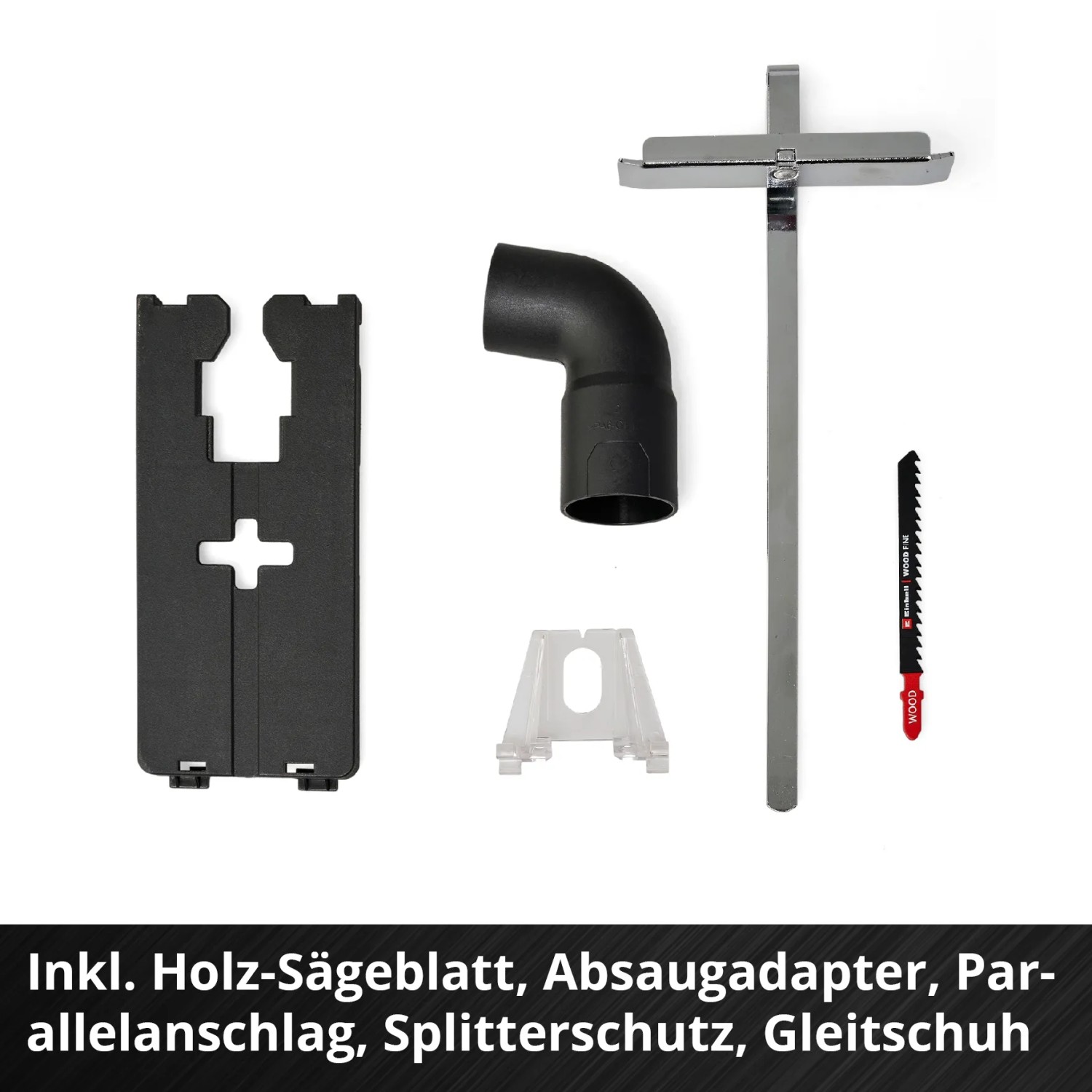 Zubehör für Einhell Akku-Stichsäge TP-JS 18/135: Sägeblatt, Absaugadapter, Parallelanschlag, Splitterschutz, Gleitschuh.