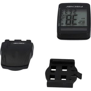 Fischer FitPlus Funk Solar Fahrradcomputer, schwarz, mit Display, Sensor und Halterung.