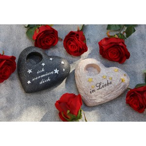 FlowerPower Gedenkstein Herz, grau, 16x17x6cm, mit Teelichthalter und Spruch, Grabdeko.