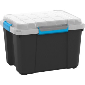 Schwarze Mehrzweckbox Scuba M (45 l) mit transparentem Deckel und blauen Verschlüssen.