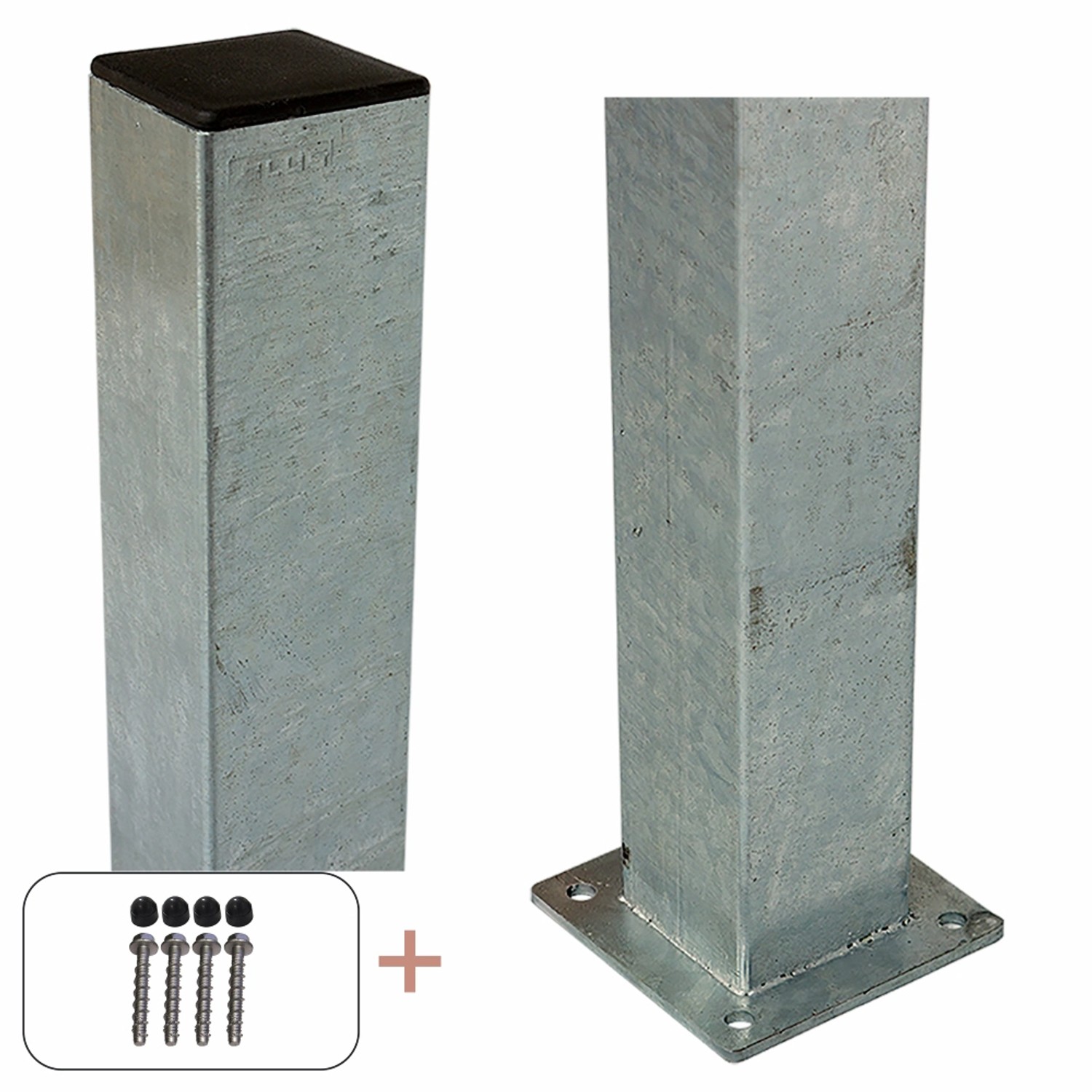 Feuerverzinkter Stahl Zaunpfosten (8x8x96cm) mit Fußplatte und Schrauben für Zaunbau.