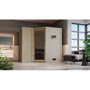 Karibu Sauna Steena 2 mit Bio-Ofen und Graphit Tür in natürlicher Umgebung.