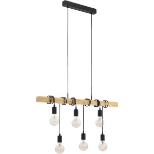 Eglo Townshend Pendelleuchte, 6-flammig, schwarz-braun, Vintage-Design mit Holz und Stahl.
