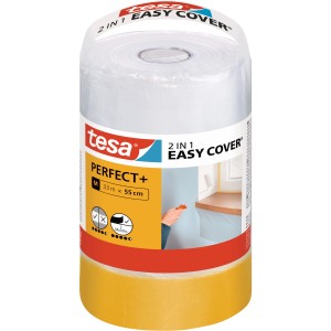 Tesa Easy Cover Perfect+ M Abdeckfolie mit Klebeband, Rolle mit Folie und gelbem Klebeband.