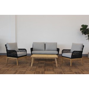 Acamp Mykonos Loungegruppe aus Teak und Anthrazit mit Tisch, Sesseln und Bank für den Garten.