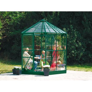 Vitavia Gewächshaus Hera 4500, grün, mit Familie im Inneren. Garten Gewächshaus mit Fundament.