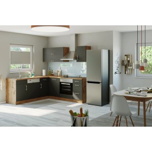 Moderne Winkelküche Sorrento in Anthrazit und Wotaneiche ohne E-Geräte. Inklusive Spüle.