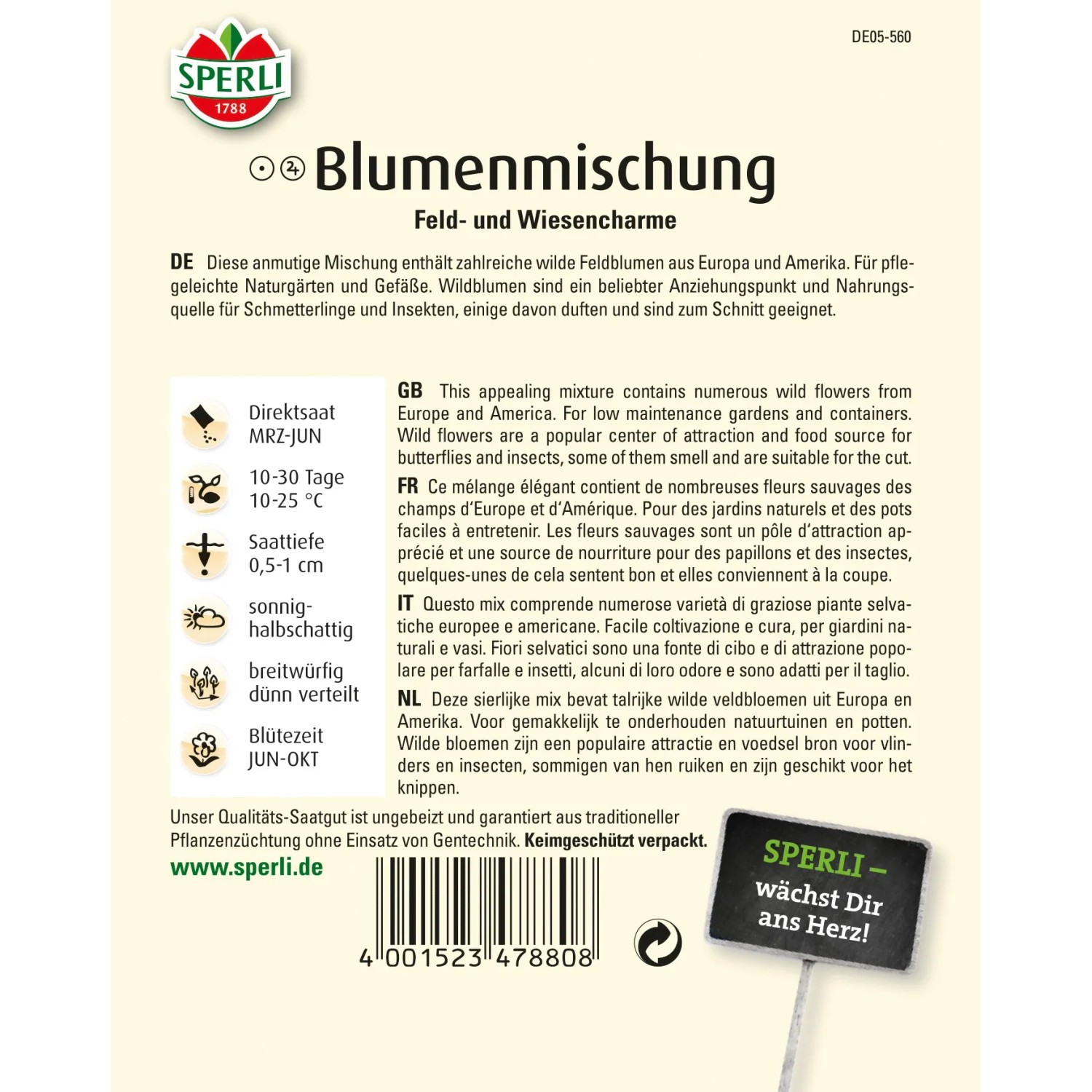 Sperli Blumenmischung Feld- und Wiesencharme, mehrfarbig. Wildblumen-Samen für naturnahe Gärten.