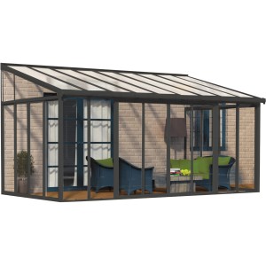 Palram Canopia SanRemo 3x5.56 Wintergarten in Anthrazit mit Möbeln und transparenten Wänden.