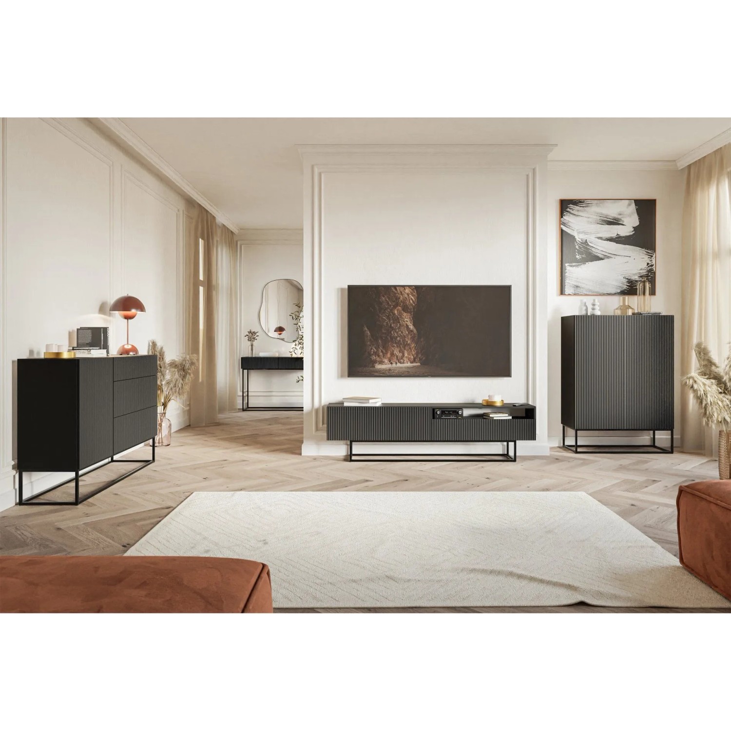 Modernes Wohnzimmer mit Selsey Veldio Möbeln: Sideboard, TV-Möbel, Hochschrank mit Rillenfront, schwarzem Gestell.