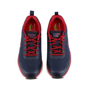 Skechers Ringstap Arch Fit S3 Herren Sicherheitsschuhe in Marineblau mit roten Schnürsenkeln, Draufsicht.