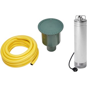 4rain Compact Erdtank-Paket 1.600 l: Gelber Schlauch, grüne Tankabdeckung, silberne Tauchdruckpumpe.