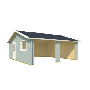 Doppel-Holzgarage Falkland in Gletschergrün, 575x575 cm. Fertiggarage mit Tür und Fenster.