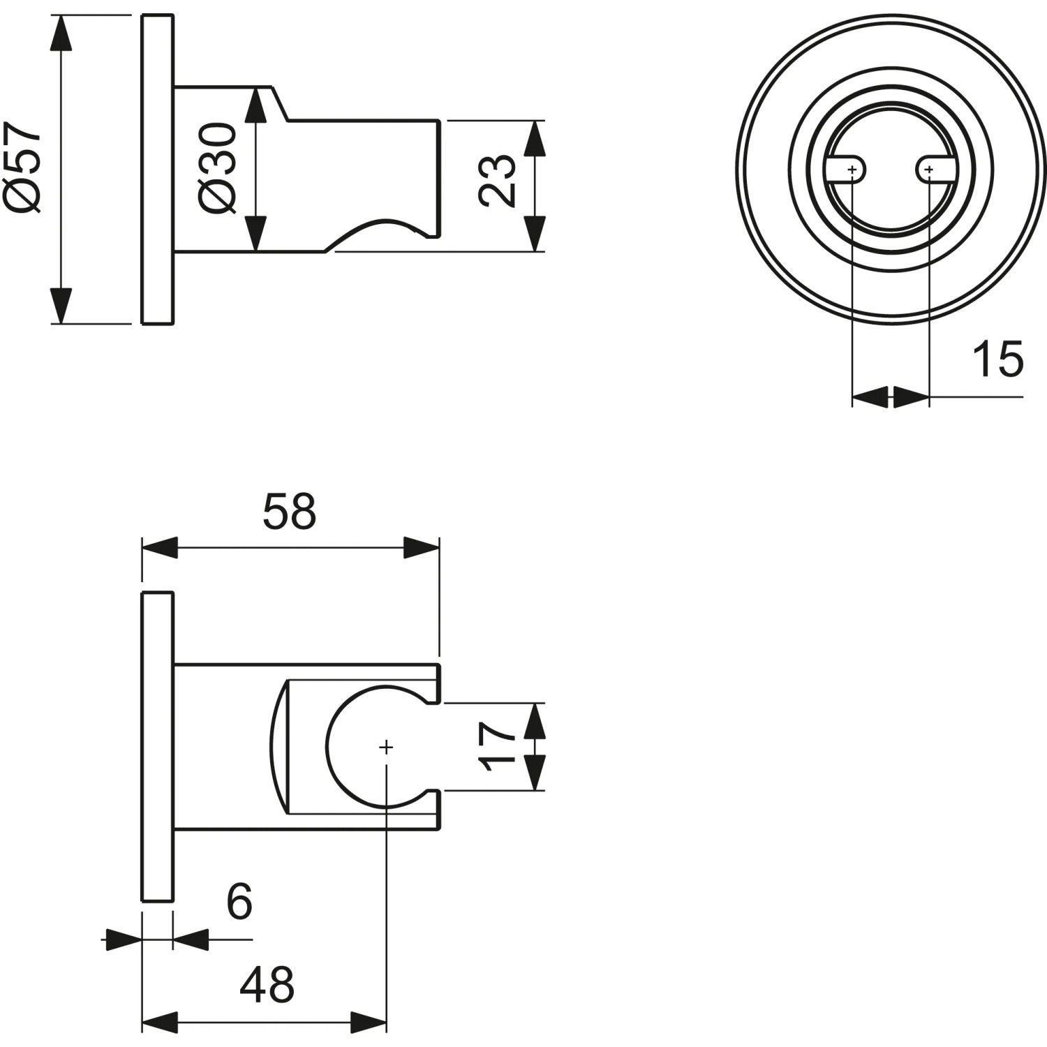 Technische Zeichnung: Ideal Standard Brausehalter Idealrain Atelier, rund, Chrom, Maße und Details.