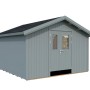 Hellgraues Palmako Gerätehaus Lucas aus Holz mit Doppeltür und Fenster. Ideal als Holz-Gartenhaus.