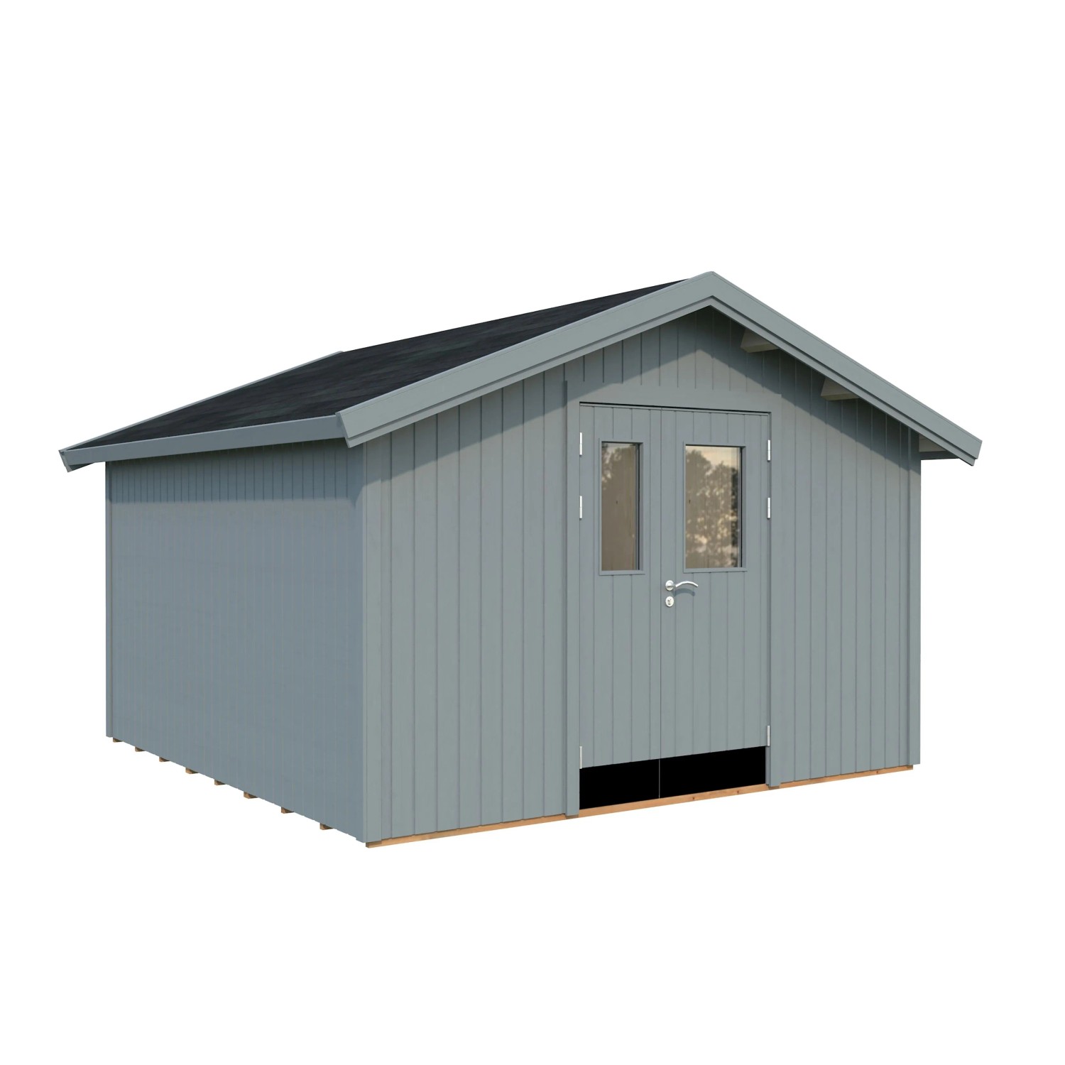 Hellgraues Palmako Gerätehaus Lucas aus Holz mit Doppeltür und Fenster. Ideal als Holz-Gartenhaus.