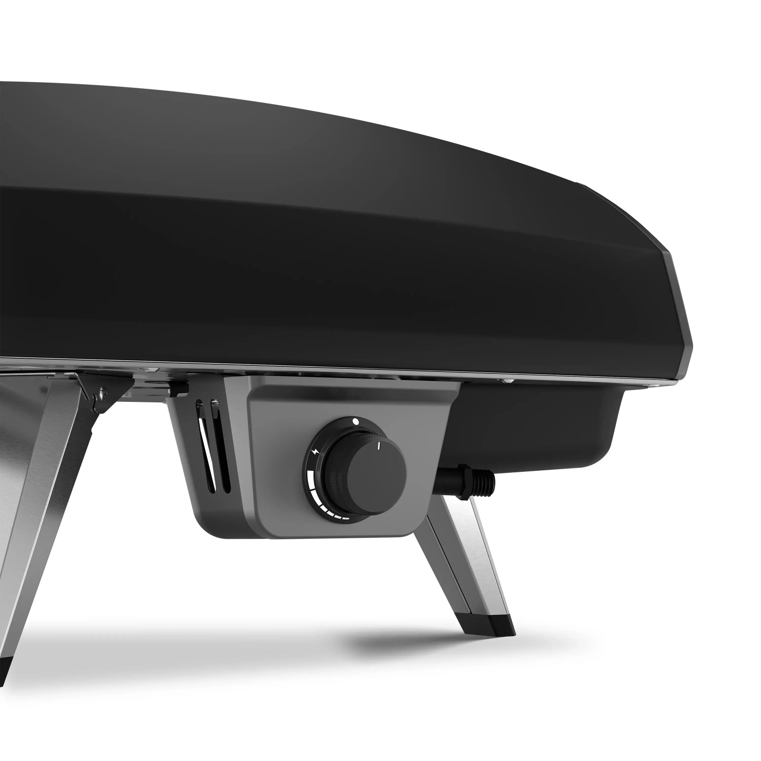 Detailaufnahme des Ooni Koda 2 Gas-Pizzaofens in Schwarzgrau mit Temperaturregler.