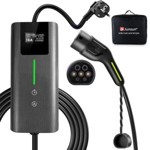 Junsun EV Ladegerät 3.5 kW mit Typ 2 Stecker, 5m Kabel, Display und Haushaltsstecker. Inklusive Tasche.