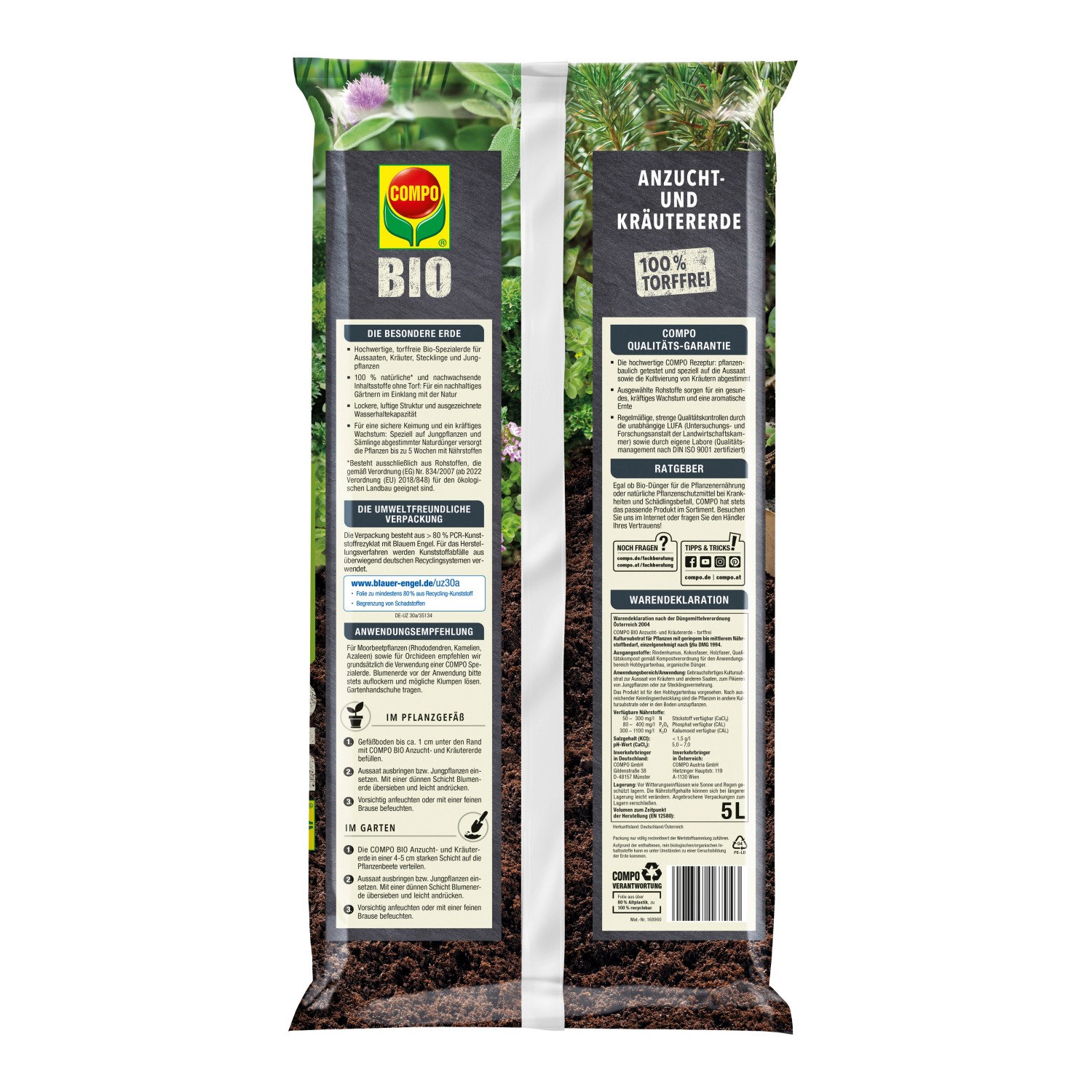 Verpackung Compo Bio Anzucht- und Kräutererde, torffrei, 5 l.