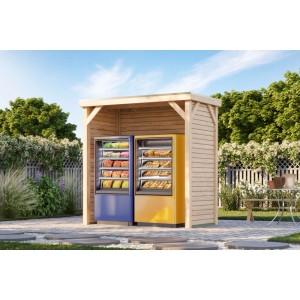 Karibu Holz-Pavillon mit Flachdach und geschlossenen Seitenwänden im Garten, schützt Snackautomaten. Ideal als Grillpavillon.