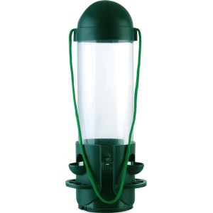 Vogelfutterstation aus Kunststoff, 11x30cm, mit grünen Elementen und transparenter Füllsäule.