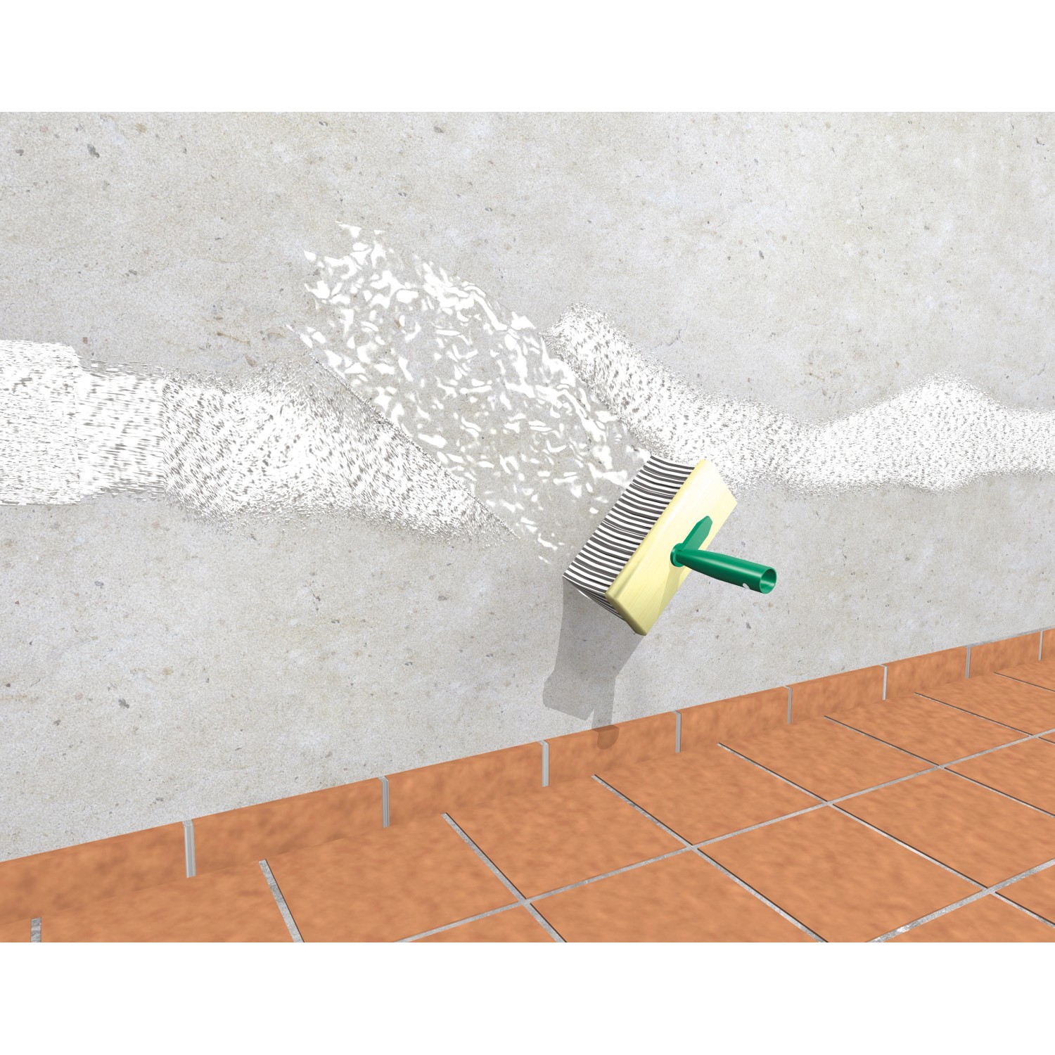 Anwendung von MEM Salpeter-Entferner auf einer Wand mit einem Quast. Bauabdichtung gegen Mauersalze.