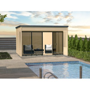 WEKA Designhaus Cubilis 2.0 aus naturbelassenem Holz, 380x480cm, mit Flachdach und Schiebetüren.