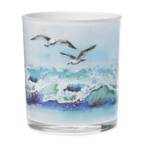 Windlicht Küstentraum, 12,5 cm, mit Möwen- und Meeresmotiv, aus Glas.