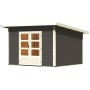 Terragraues Karibu Holz-Gartenhaus Karlskoga mit Pultdach und Doppeltür.