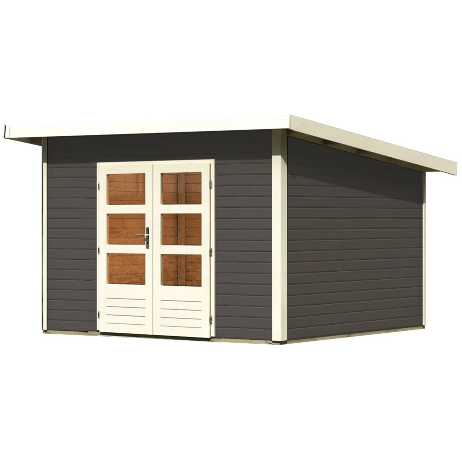 Terragraues Karibu Holz-Gartenhaus Karlskoga mit Pultdach und Doppeltür.