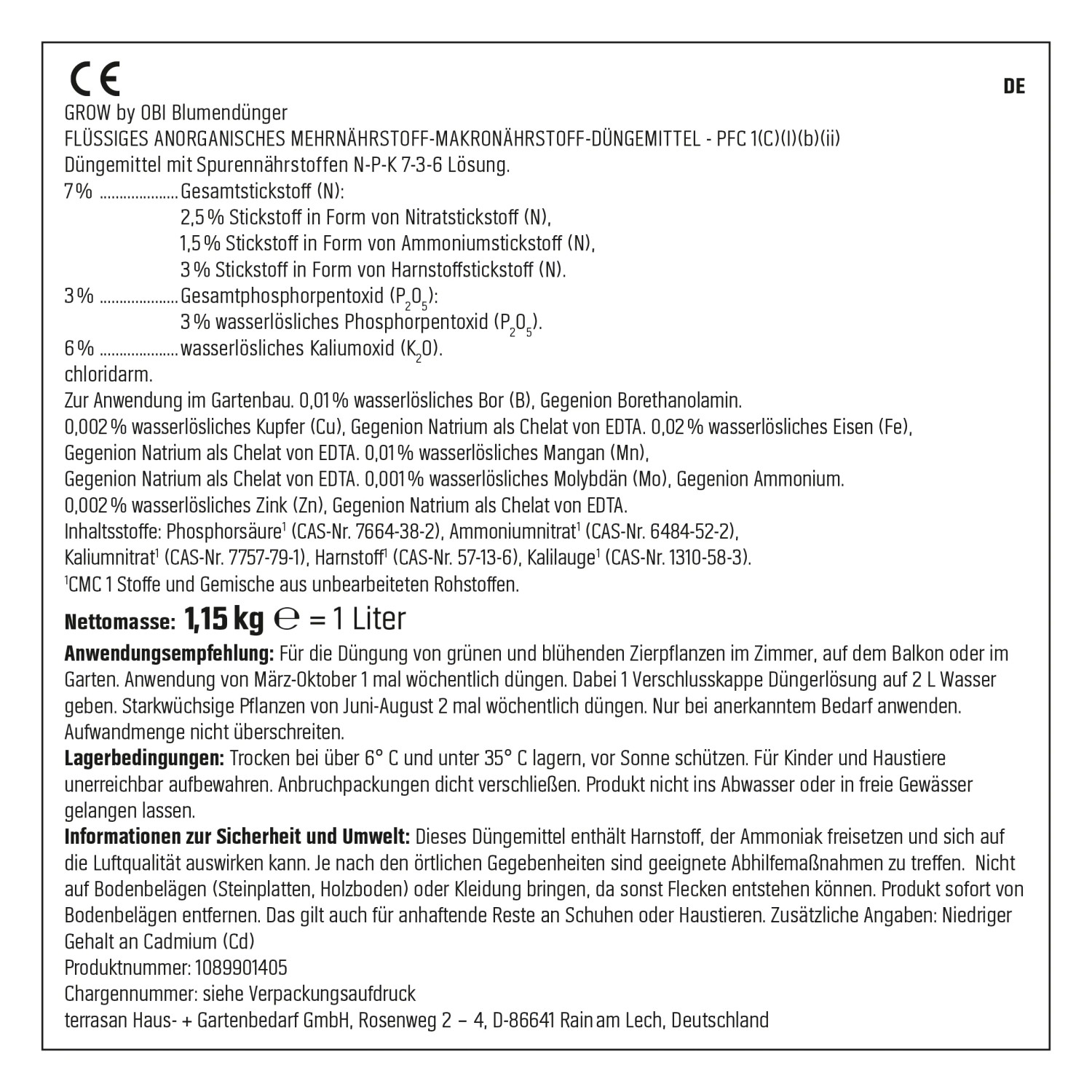 GROW by OBI Blumendünger, 1l: Flüssigdünger für Zimmer-, Balkon- und Gartenpflanzen.